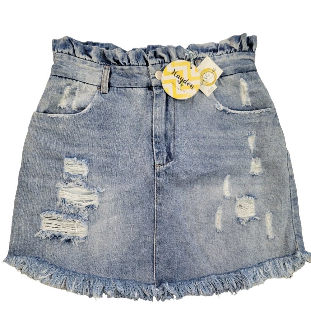 Hayden Denim Jean Skirt NEW Paperbag Ruffle Waist Sz M Distressed Pockets Light